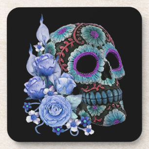 Blue Floral Black Sugar Skull Day Of The Dead Coaster