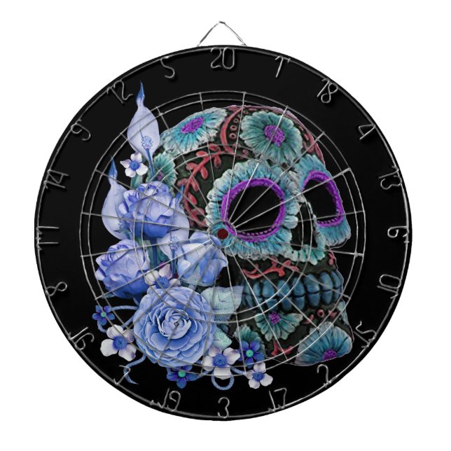 Blue Floral Black Sugar Skull Day Of The Dead Dartboard (Front)