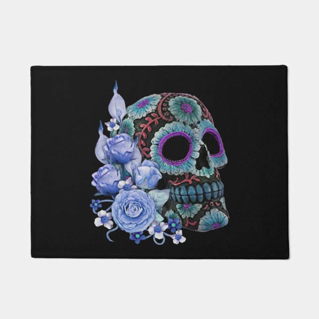 Blue Floral Black Sugar Skull Day Of The Dead Doormat (Front)