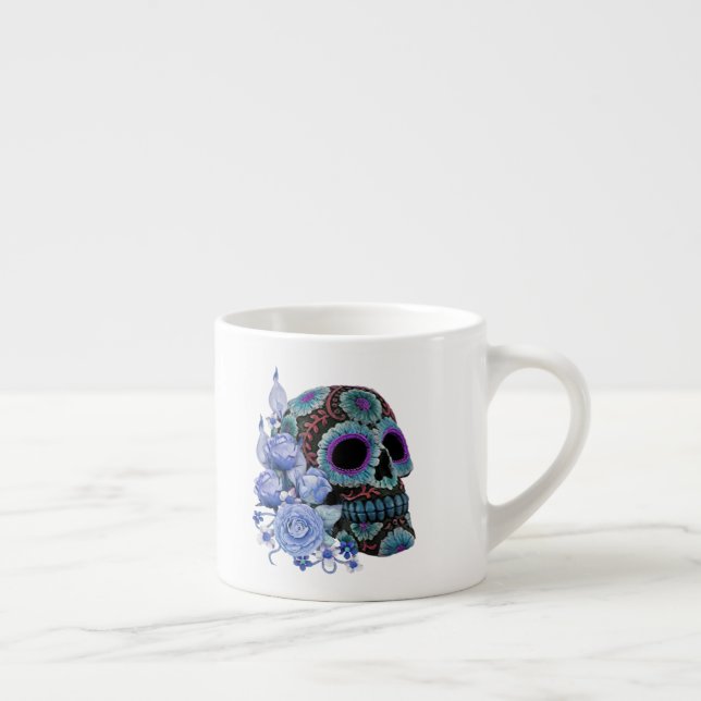 Blue Floral Black Sugar Skull Day Of The Dead Espresso Cup (Right)