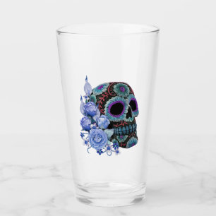 Blue Floral Black Sugar Skull Day Of The Dead Glass