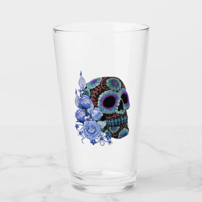 Blue Floral Black Sugar Skull Day Of The Dead Glass (Front)
