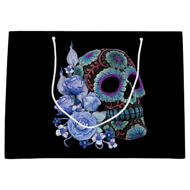 Blue Floral Black Sugar Skull Day Of The Dead Large Gift Bag (Front)