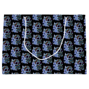 Blue Floral Black Sugar Skull Day Of The Dead Large Gift Bag
