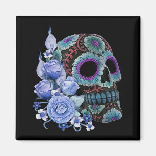 Blue Floral Black Sugar Skull Day Of The Dead Magnet