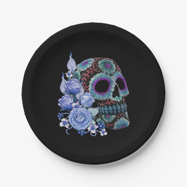 Blue Floral Black Sugar Skull Day Of The Dead Paper Plate (Front)
