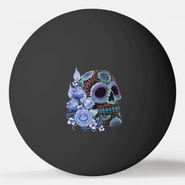 Blue Floral Black Sugar Skull Day Of The Dead Ping Pong Ball (Front)