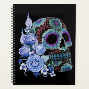 Blue Floral Black Sugar Skull Day Of The Dead Planner