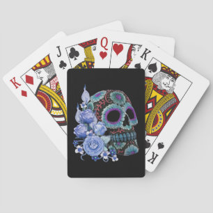Blue Floral Black Sugar Skull Day Of The Dead Playing Cards
