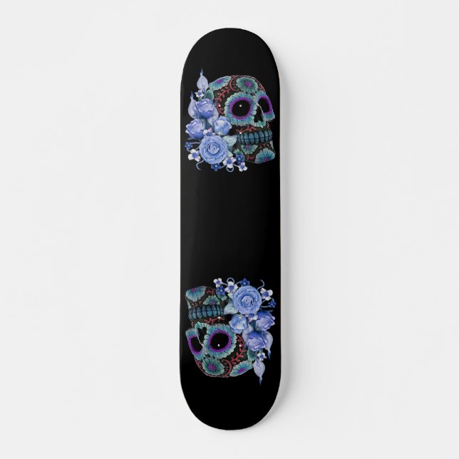Blue Floral Black Sugar Skull Day Of The Dead Skateboard (Front)