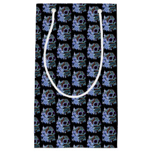 Blue Floral Black Sugar Skull Day Of The Dead Small Gift Bag