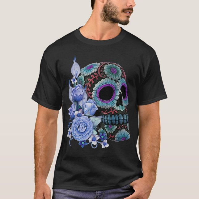 Blue Floral Black Sugar Skull Day Of The Dead T-Shirt (Front)