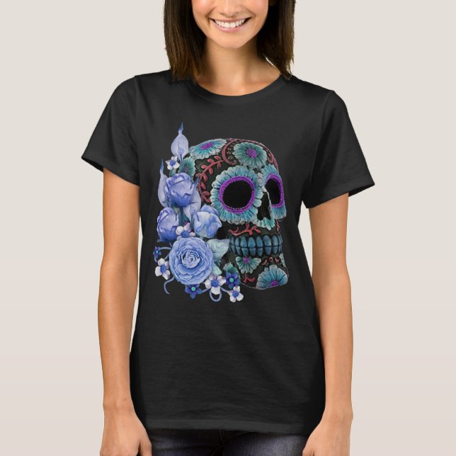 Blue Floral Black Sugar Skull Day Of The Dead T-Shirt (Front)