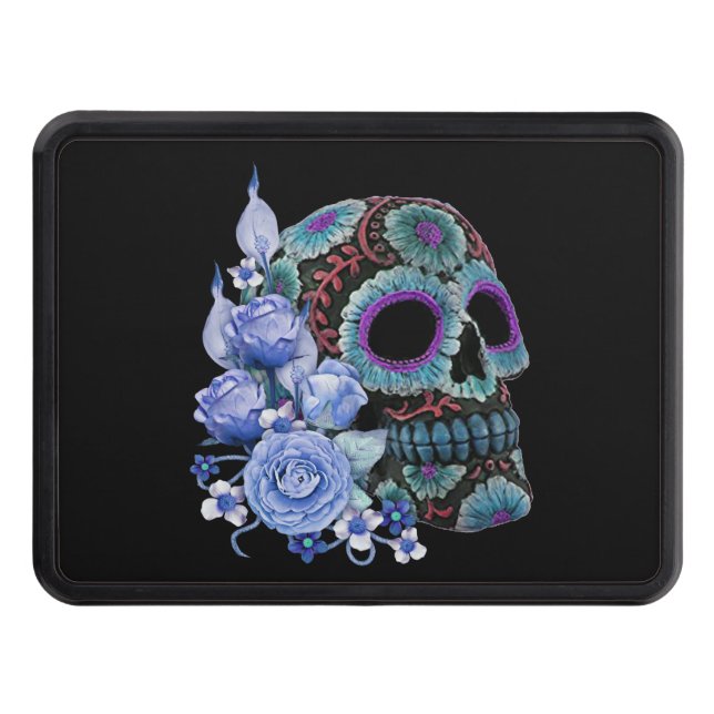 Blue Floral Black Sugar Skull Day Of The Dead Trailer Hitch Cover (Front)