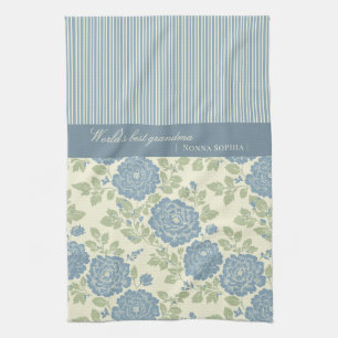 Blue Floral Block Print w Blue Stripes Kitchen Towel
