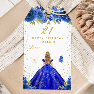 Blue Floral Blonde Hair Girl Happy Birthday Gift Tags
