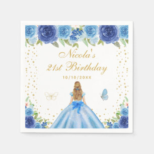 Blue Floral Blonde Hair Princess Birthday Party Napkin