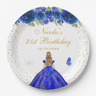 Blue Floral Blonde Hair Princess Birthday Party Paper Plate