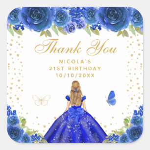 Blue Floral Blonde Hair Princess Birthday Party Square Sticker