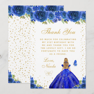 Blue Floral Blonde Hair Princess Birthday Party Thank You Card