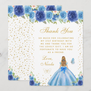 Blue Floral Blonde Hair Princess Birthday Party Thank You Card