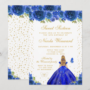Blue Floral Blonde Hair Princess Sweet Sixteen Invitation