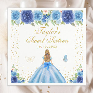 Blue Floral Blonde Hair Princess Sweet Sixteen Napkin