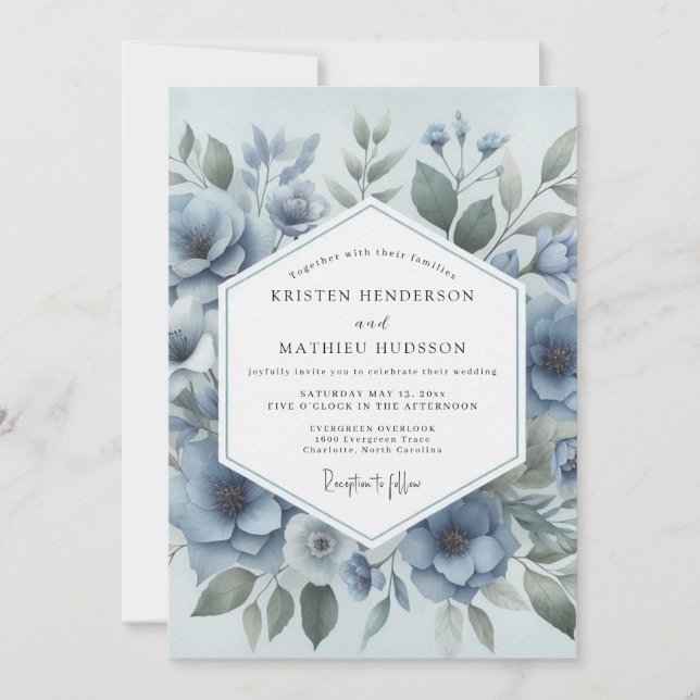 Blue Floral Bloom Wedding Invitation (Front)
