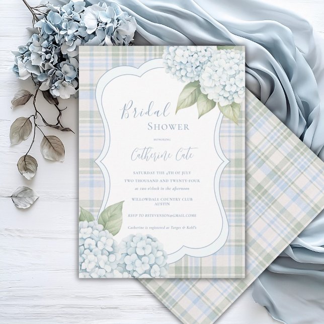 Blue Floral Blue Hydrangea Plaid Bridal Shower  Invitation (Creator Uploaded)