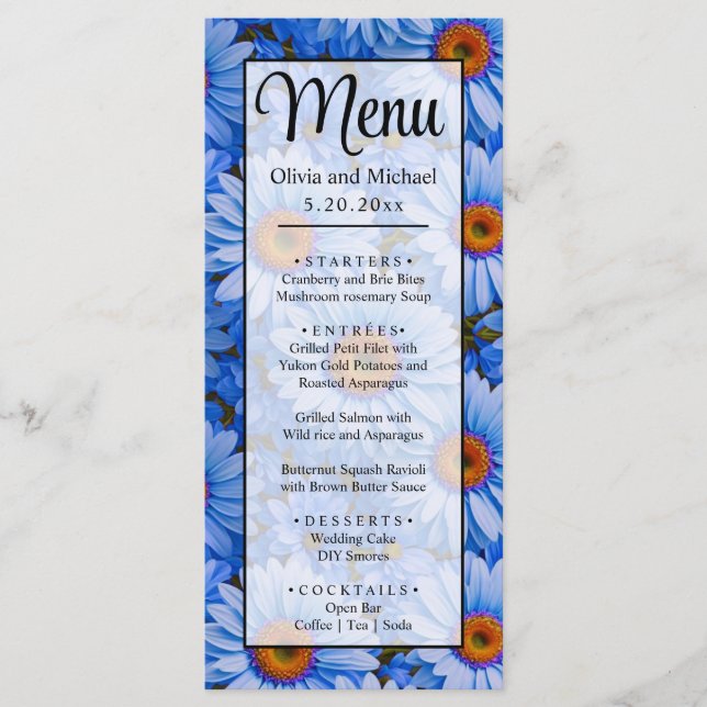 Blue floral blue sunflowers blue daisies pattern  menu (Front)