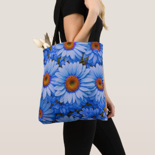 Blue floral blue sunflowers blue daisies pattern  tote bag