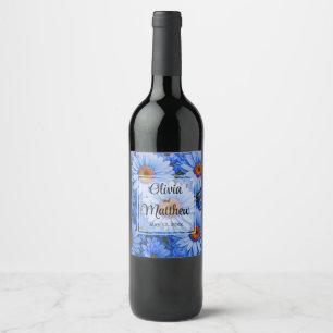 Blue floral blue sunflowers blue daisies pattern  wine label