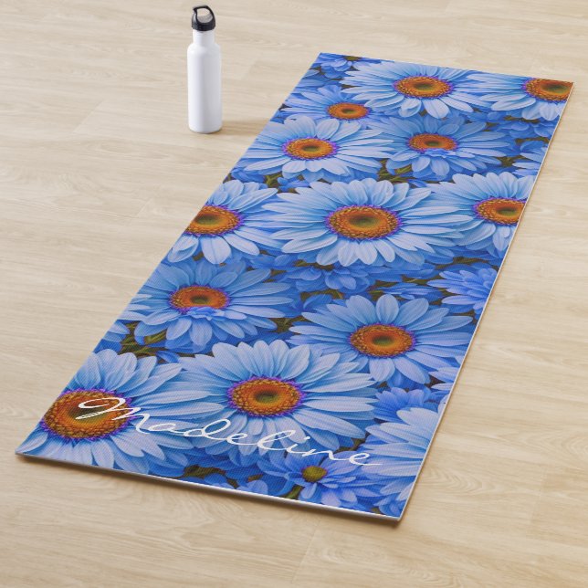 Blue floral blue sunflowers blue daisy personalize yoga mat (In Situ)