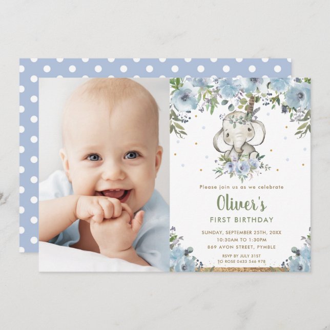 Blue Floral Boho Elephant Boy 1st Birthday Photo Invitation (Front/Back)
