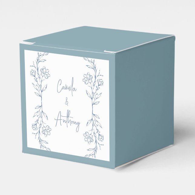 Blue Floral Boho Side Border Wedding Favor Box (Front Side)