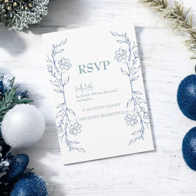 Blue Floral Boho Side Border Wedding RSVP Card (Creator Uploaded)