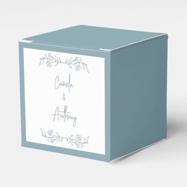 Blue Floral Boho Top Border Wedding Favor Box (Front Side)