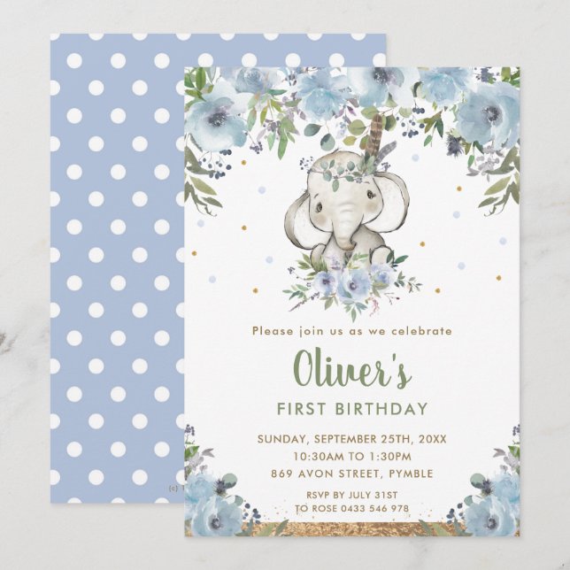 Blue Floral Boho Tribal Elephant Boy 1st Birthday Invitation (Front/Back)