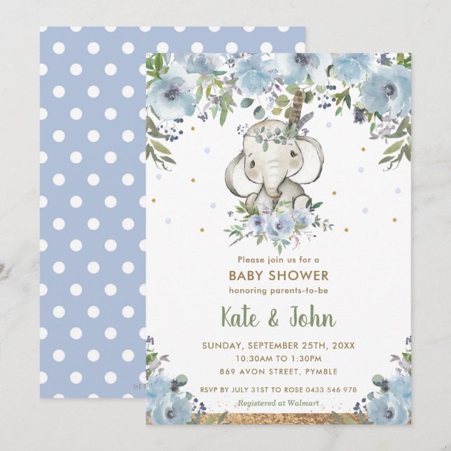 Blue Floral Boho Tribal Elephant Boy Baby Shower Invitation (Front/Back)