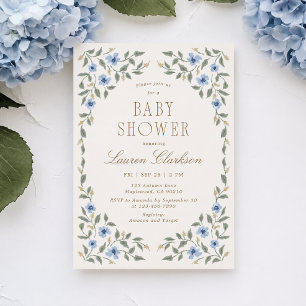 Blue Floral Border Elegant Baby Shower Invitation
