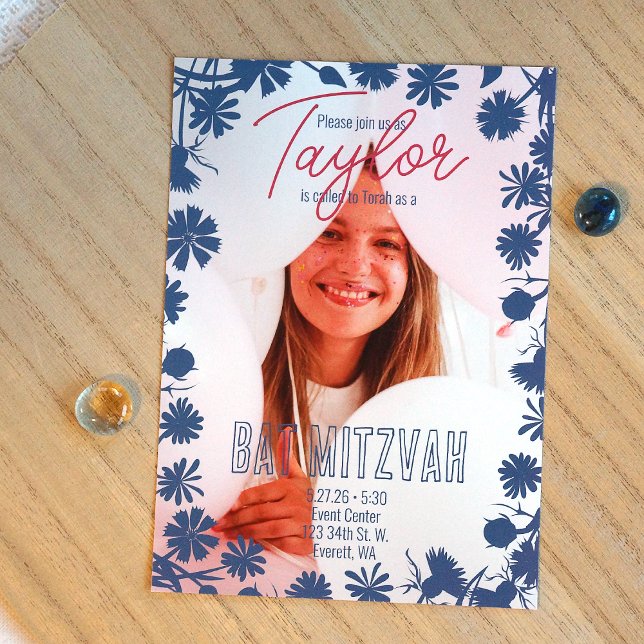 Blue Floral Border, Pink Floral Pattern Party  Invitation (Botanical blue flowers, pink script writing Bat Mitzvah photo invitation)