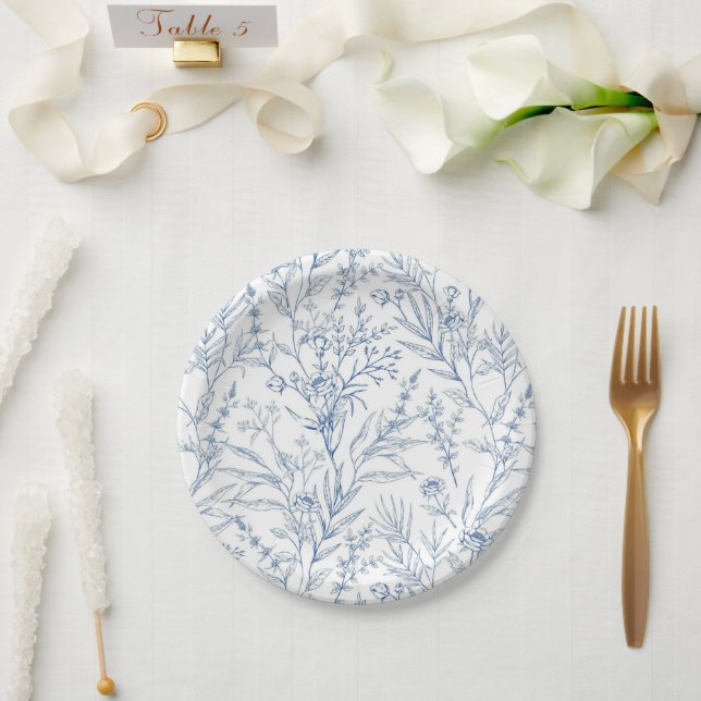 Blue Floral Botanical Baby Shower Paper Plates (Wedding)