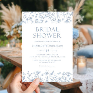 Blue Floral Botanical Bridal Shower  Invitation