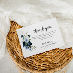 blue floral botanical funeral thank you note card