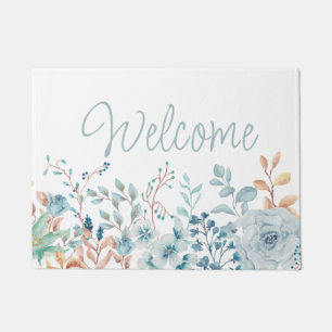 Blue Floral Botanical Welcome Typography Doormat