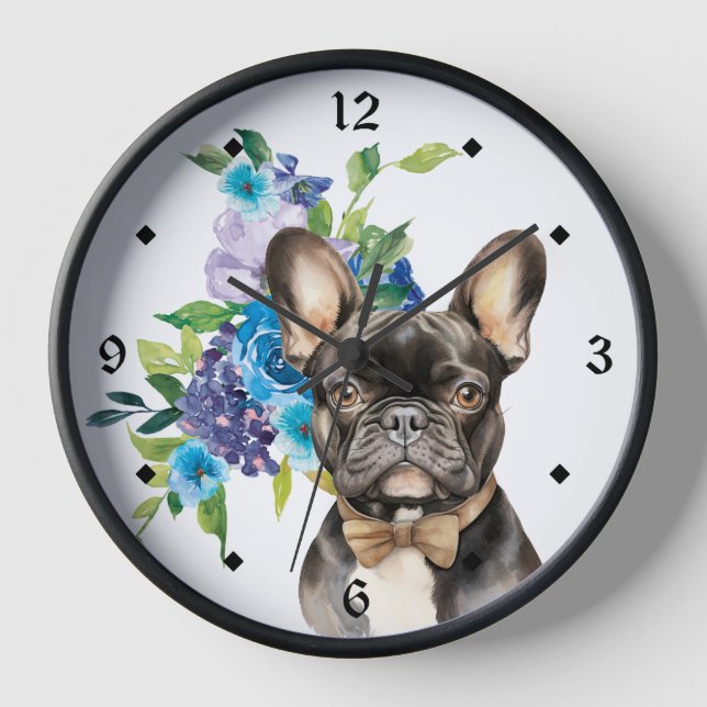 Blue Floral Bouquet Bowtie French Bulldog Clock (Front)
