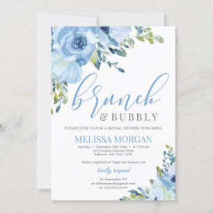 Blue floral bouquet brunch and bubbly invitation