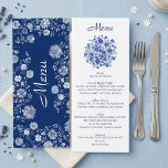 Blue Floral Bouquet Wedding Dinner Menu Card<br><div class="desc">Present your reception menu with this refined dusty blue chinoiserie dinner menu card, featuring a centred bouquet of blue wildflowers above the elegantly listed courses. The classic porcelain inspired pattern and serif typography create a timeless look that suits formal evening weddings, coastal celebrations, or garden receptions. Coordinates seamlessly with blue...</div>
