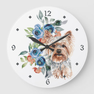 Blue Floral Bouquet Yorkshire Terrier Dog Large Clock