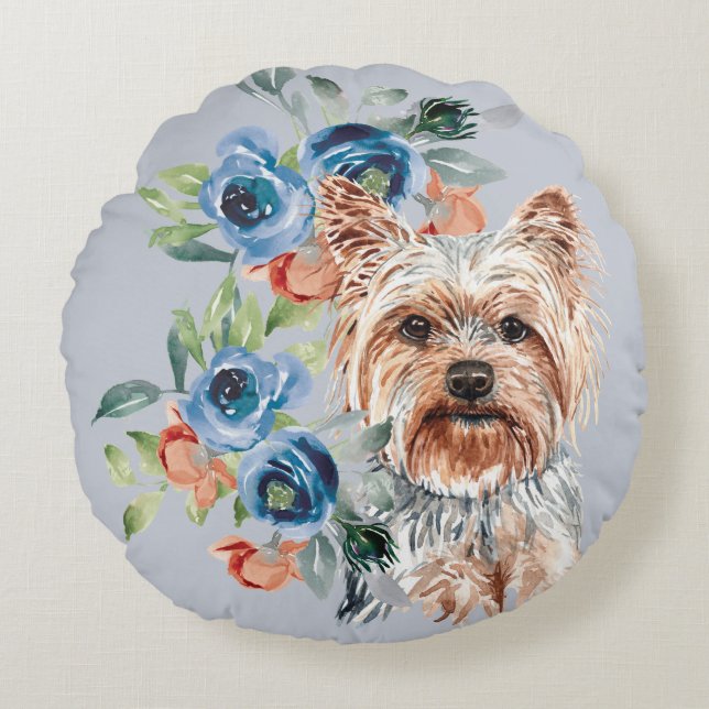 Blue Floral Bouquet Yorkshire Terrier Round Pillow (Front)